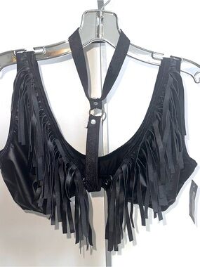 NWT Black vegan leather  Fringe Bralette with Harness Detail